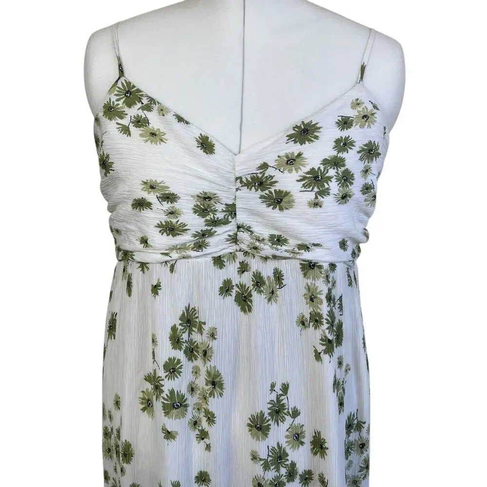 Abercrombie & Fitch Sz XL Babydoll Maxi Dress White Green Floral Crinkle